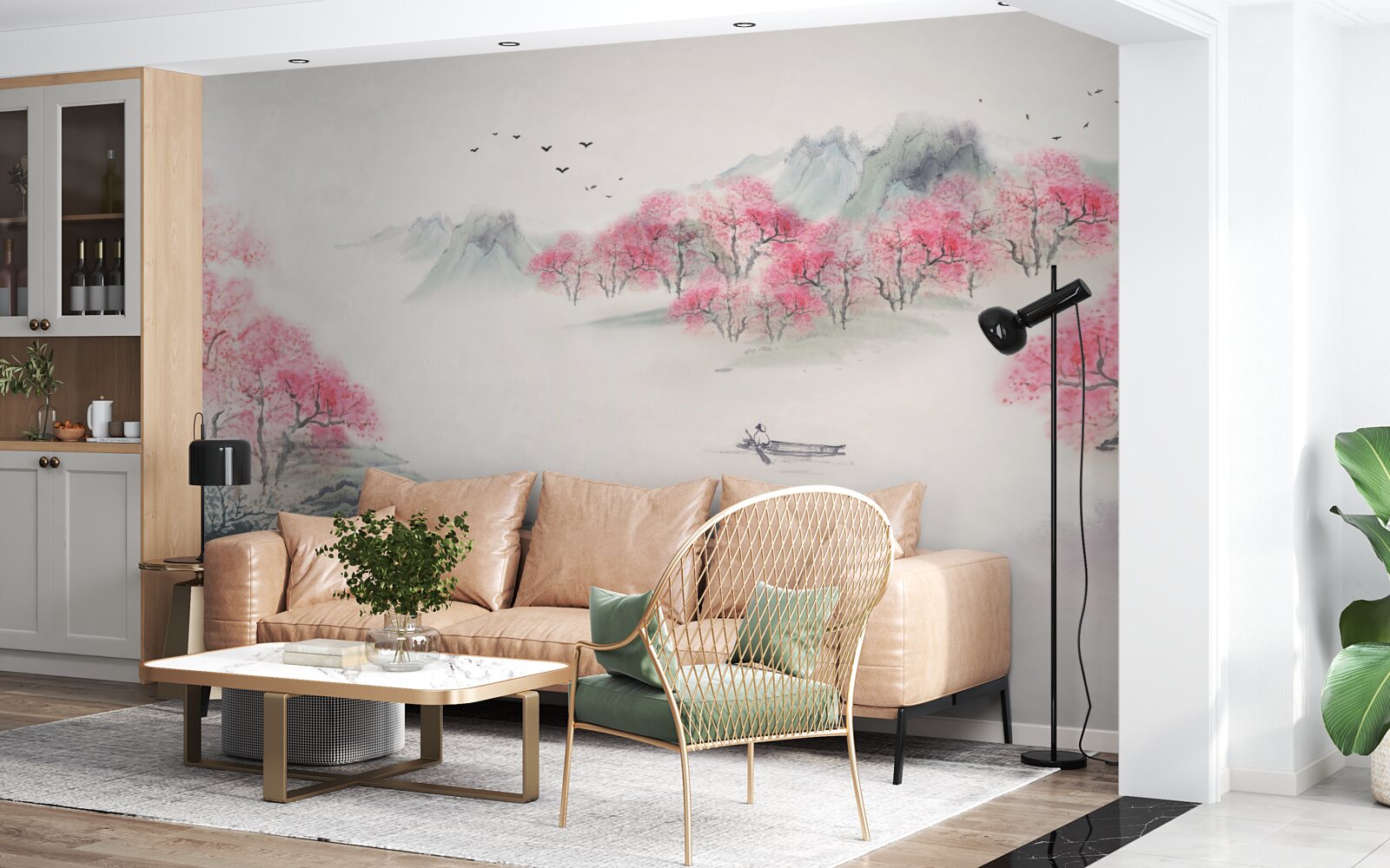 Fotobehang Boot in het bos gehuld in ochtendmist