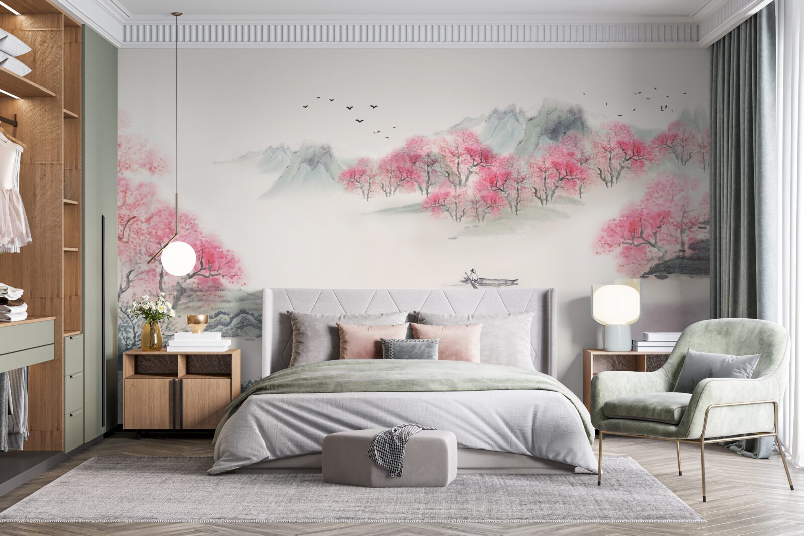 Fotobehang Boot in het bos gehuld in ochtendmist