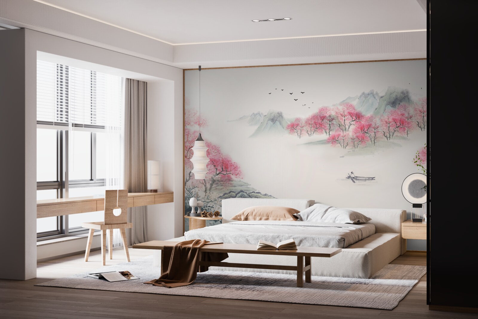 Fotobehang Boot in het bos gehuld in ochtendmist