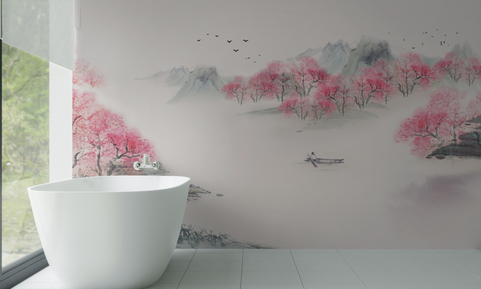 Fotobehang Boot in het bos gehuld in ochtendmist