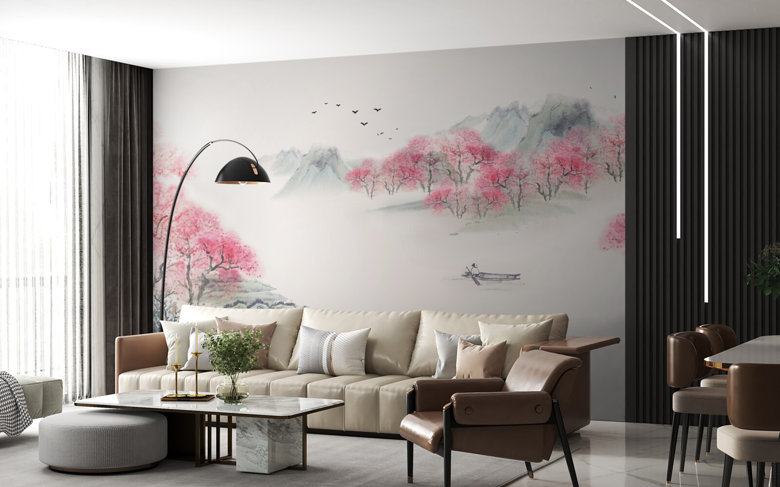 Fotobehang Boot in het bos gehuld in ochtendmist