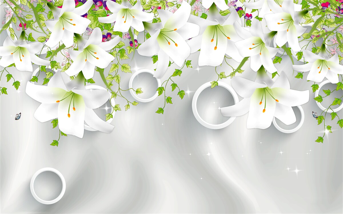 Fotobehang de bloemen zijn wit met groene bladeren