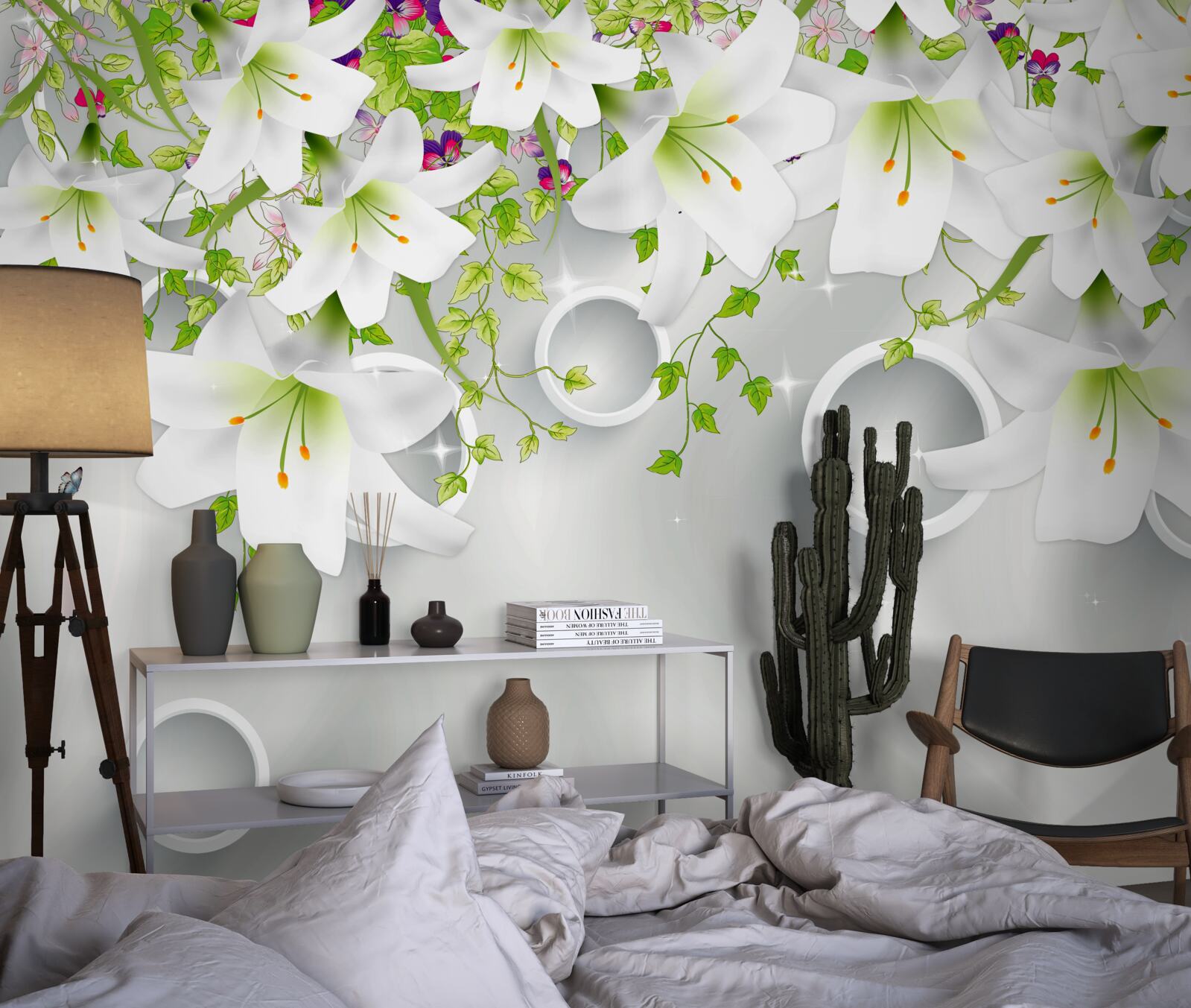 Fotobehang de bloemen zijn wit met groene bladeren