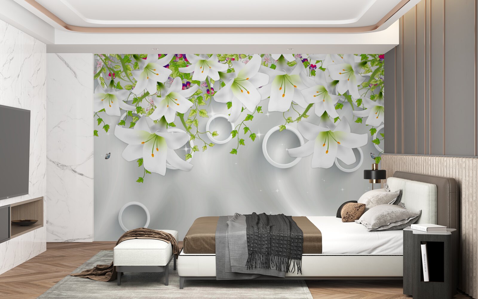 Fotobehang de bloemen zijn wit met groene bladeren