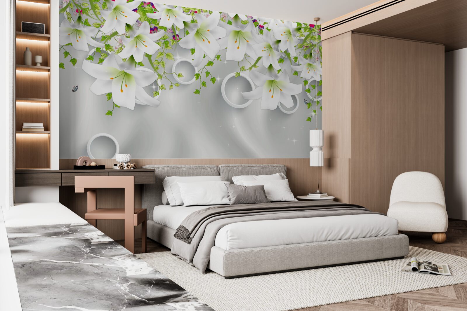 Fotobehang de bloemen zijn wit met groene bladeren