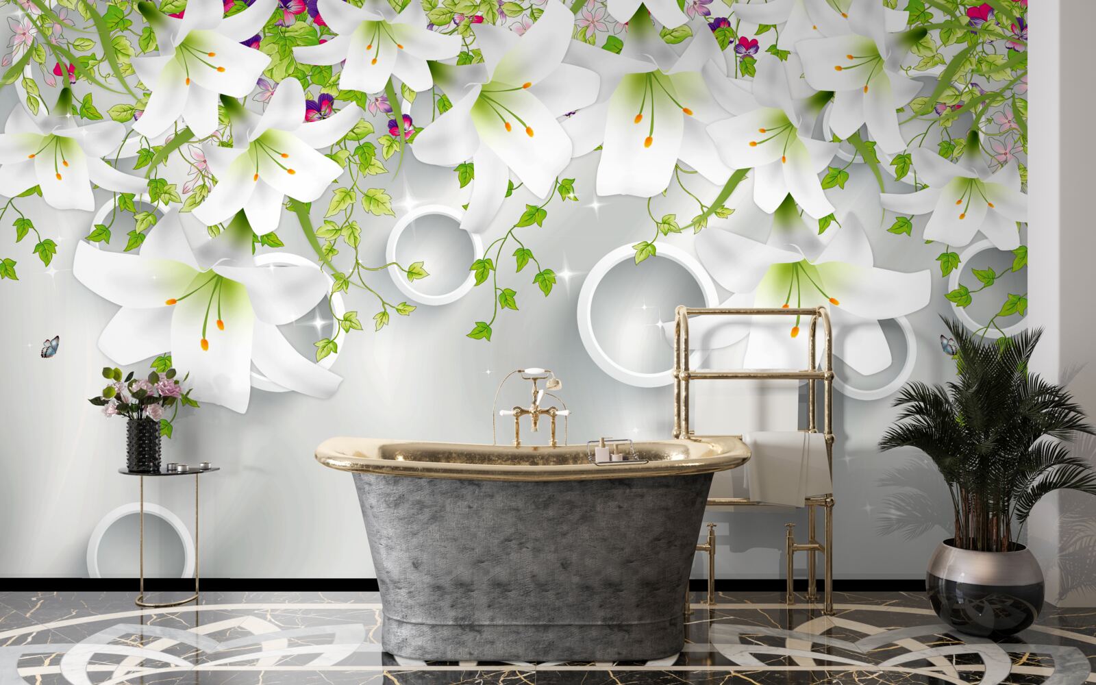 Fotobehang de bloemen zijn wit met groene bladeren