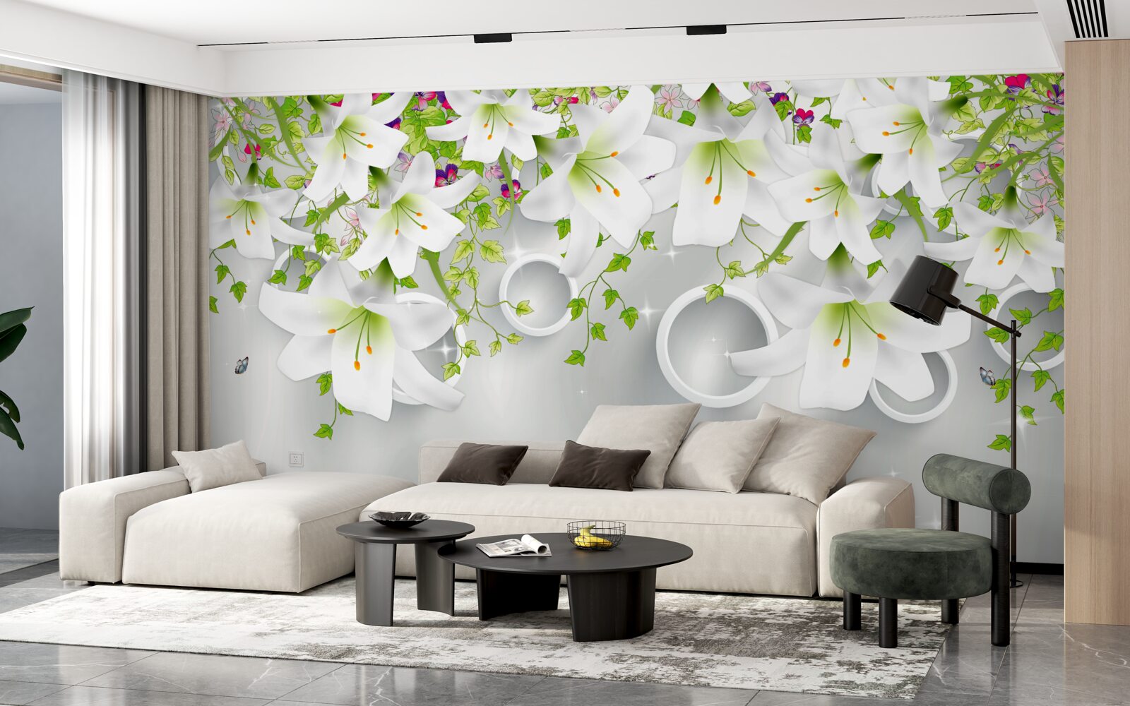 Fotobehang de bloemen zijn wit met groene bladeren