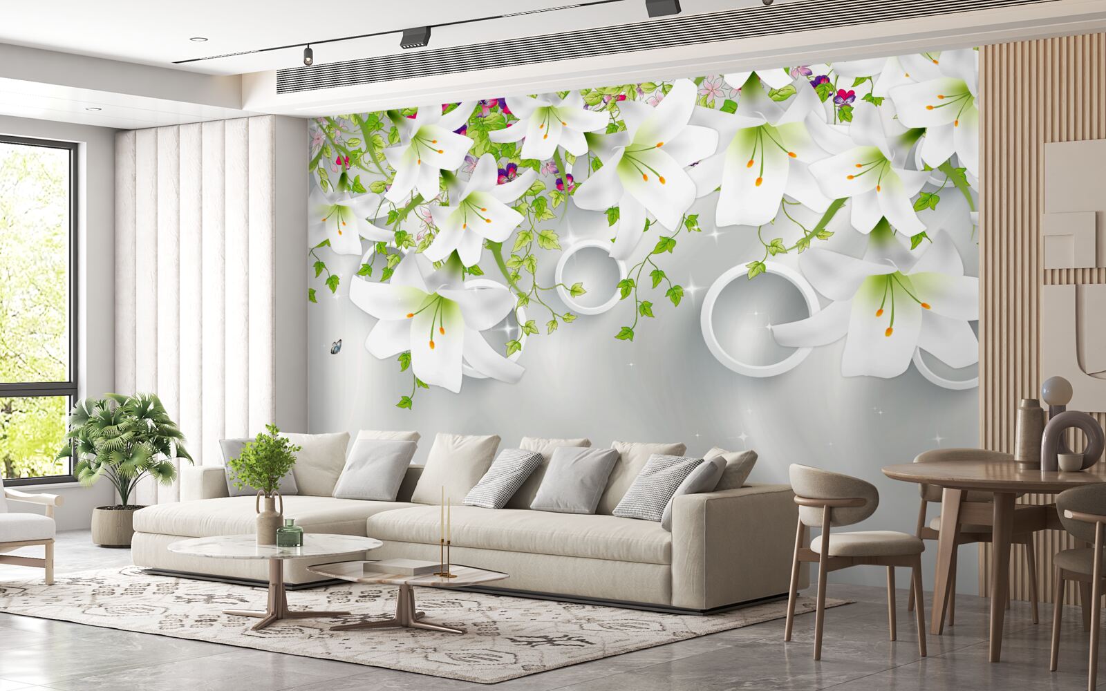 Fotobehang de bloemen zijn wit met groene bladeren