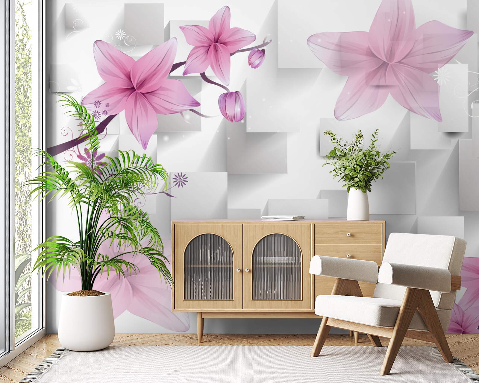 Fotobehang abstract met paarse knoppen