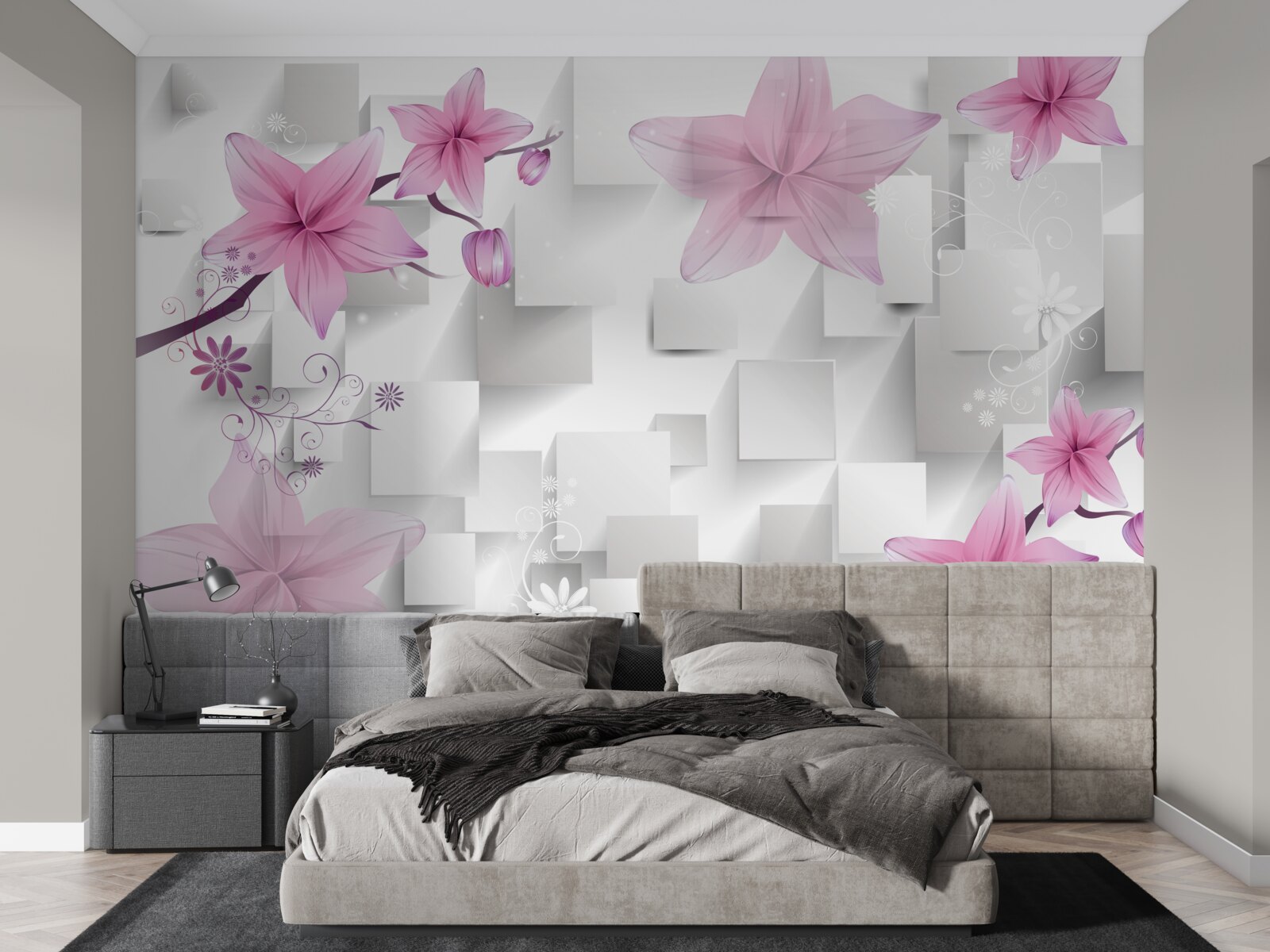 Fotobehang abstract met paarse knoppen