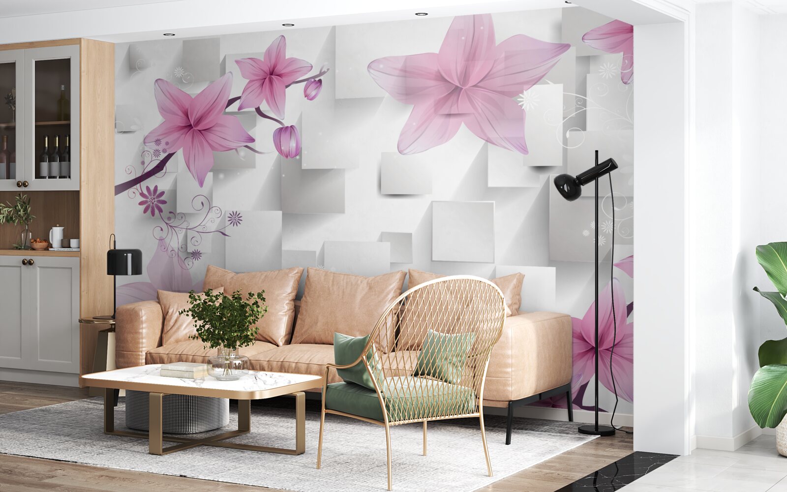 Fotobehang abstract met paarse knoppen