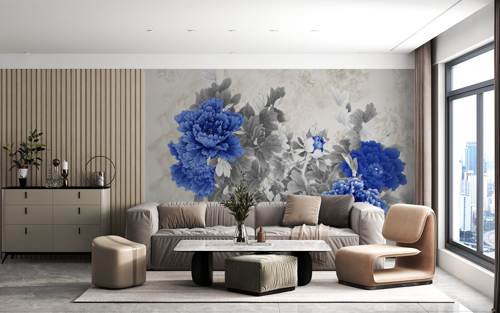 Fotobehang bloem ikiebana op grijze achtergrond