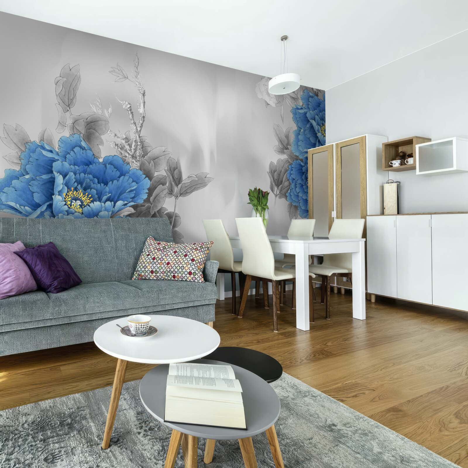 Fotobehang blauwe bloemen op grijze achtergrond