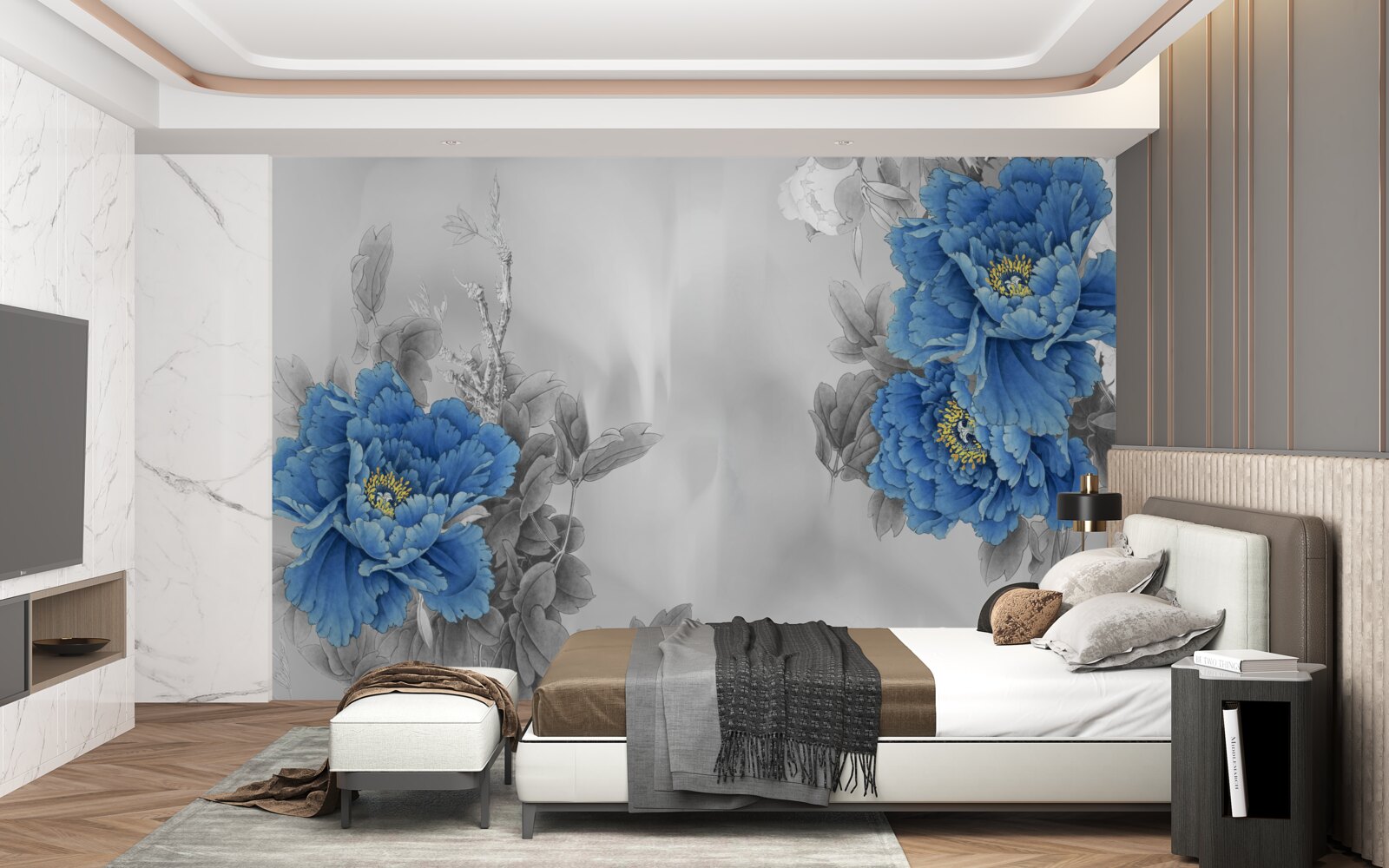 Fotobehang blauwe bloemen op grijze achtergrond