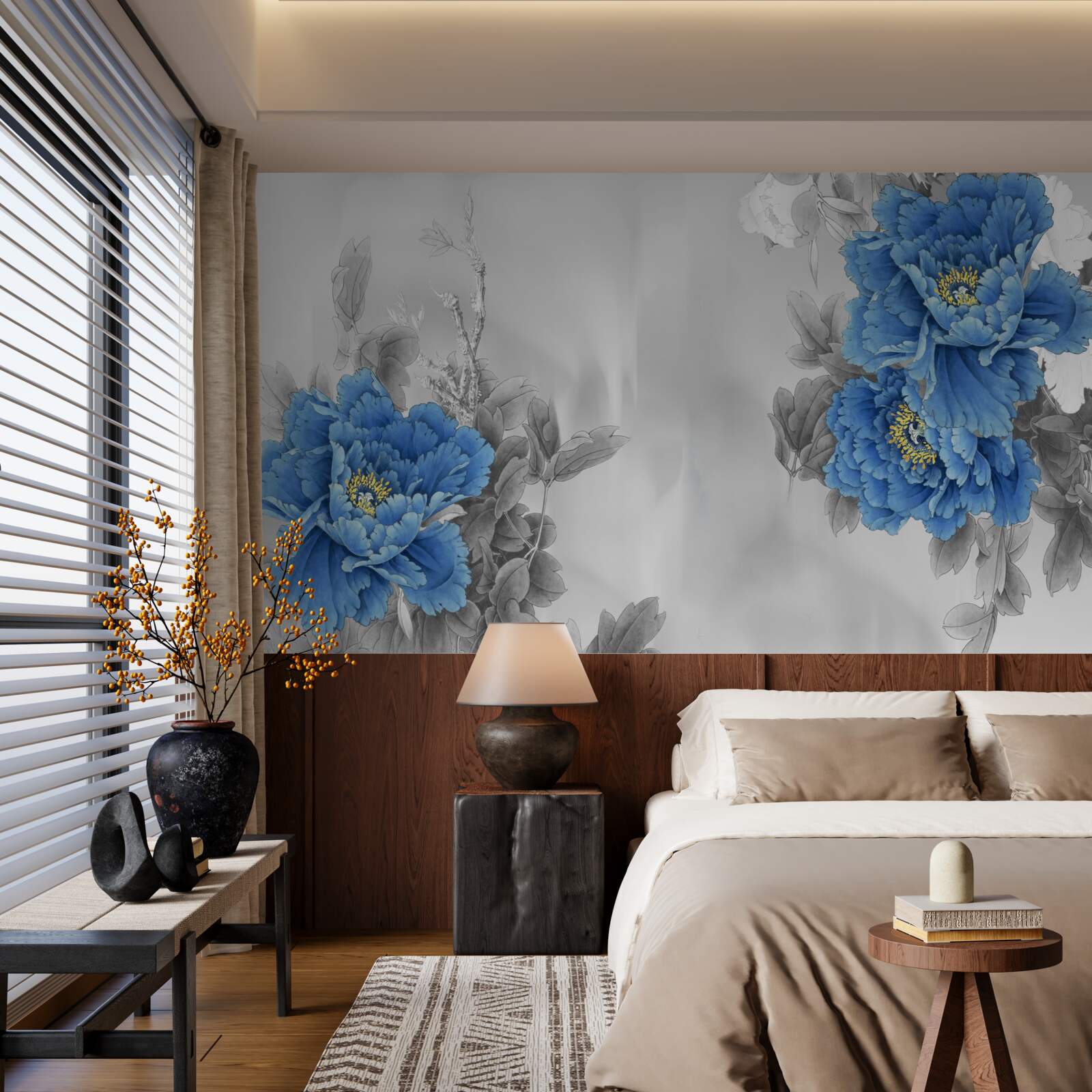 Fotobehang blauwe bloemen op grijze achtergrond