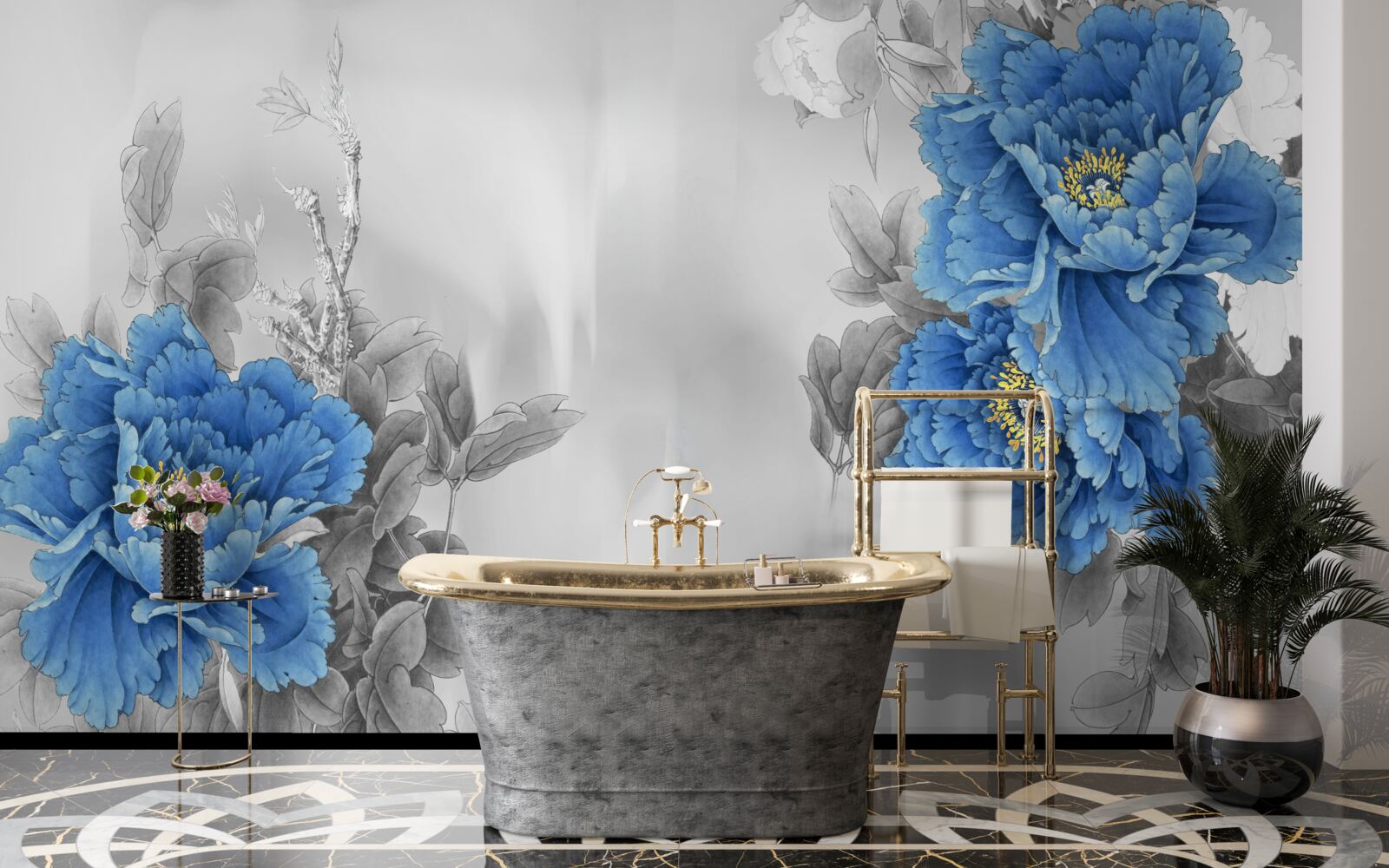 Fotobehang blauwe bloemen op grijze achtergrond