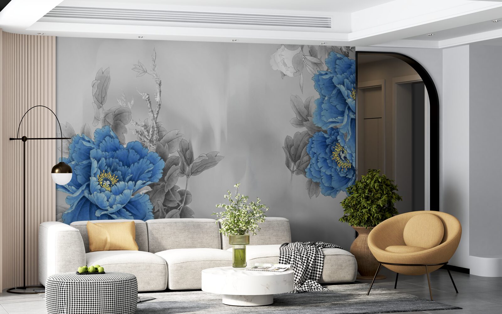 Fotobehang blauwe bloemen op grijze achtergrond