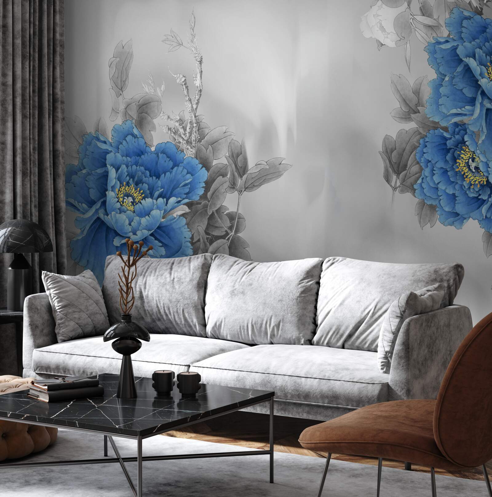 Fotobehang blauwe bloemen op grijze achtergrond