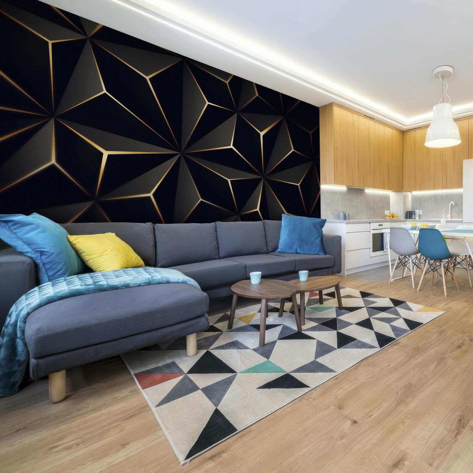 Fotobehang 3d piramides in zwart met gouden elementen