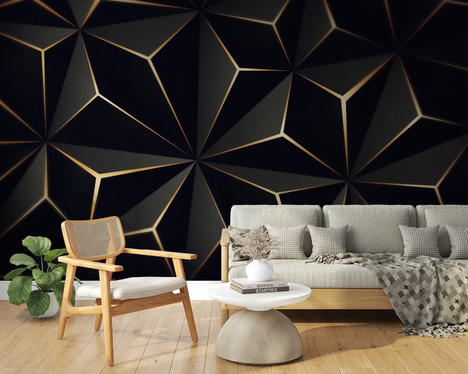 Fotobehang 3d piramides in zwart met gouden elementen