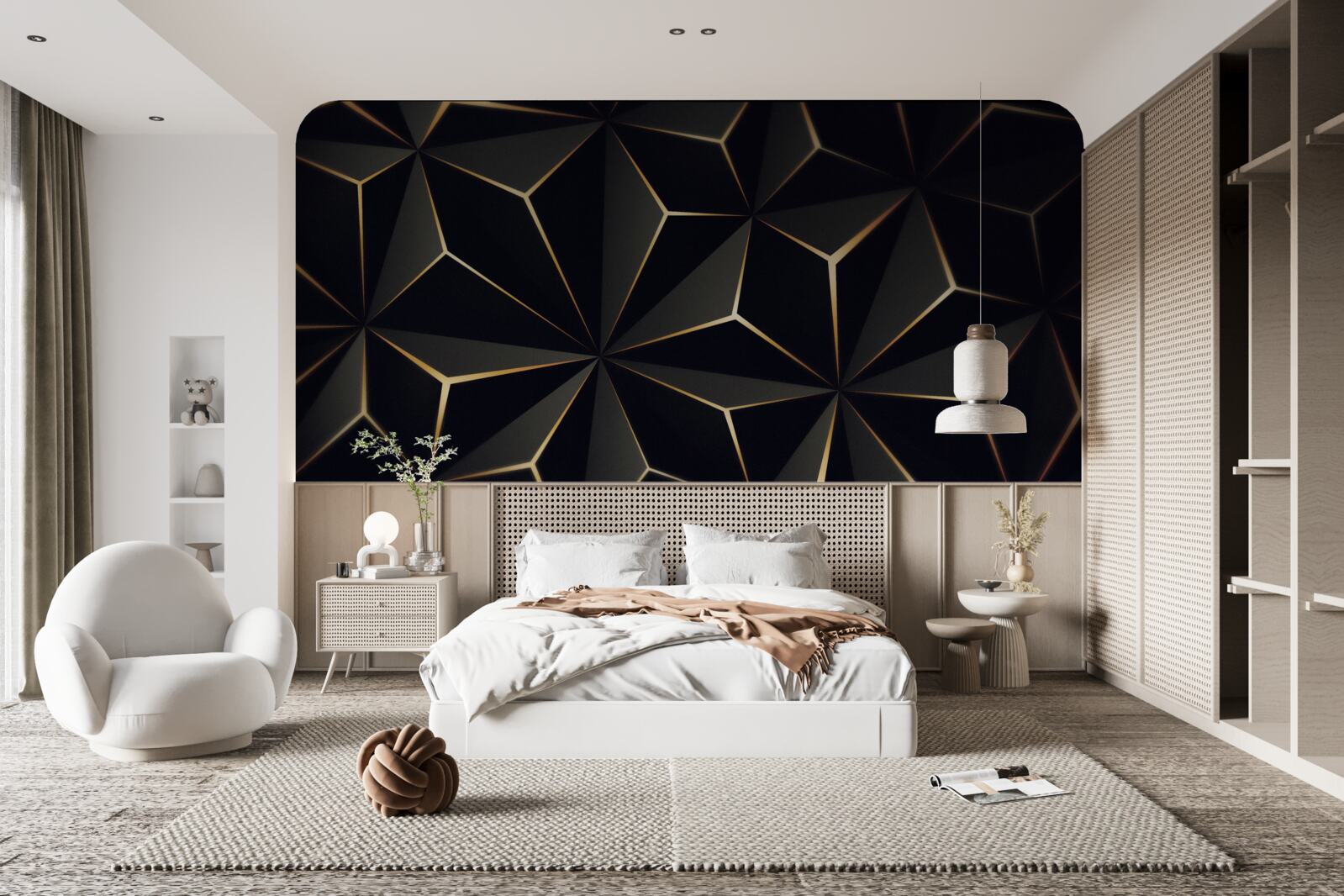 Fotobehang 3d piramides in zwart met gouden elementen