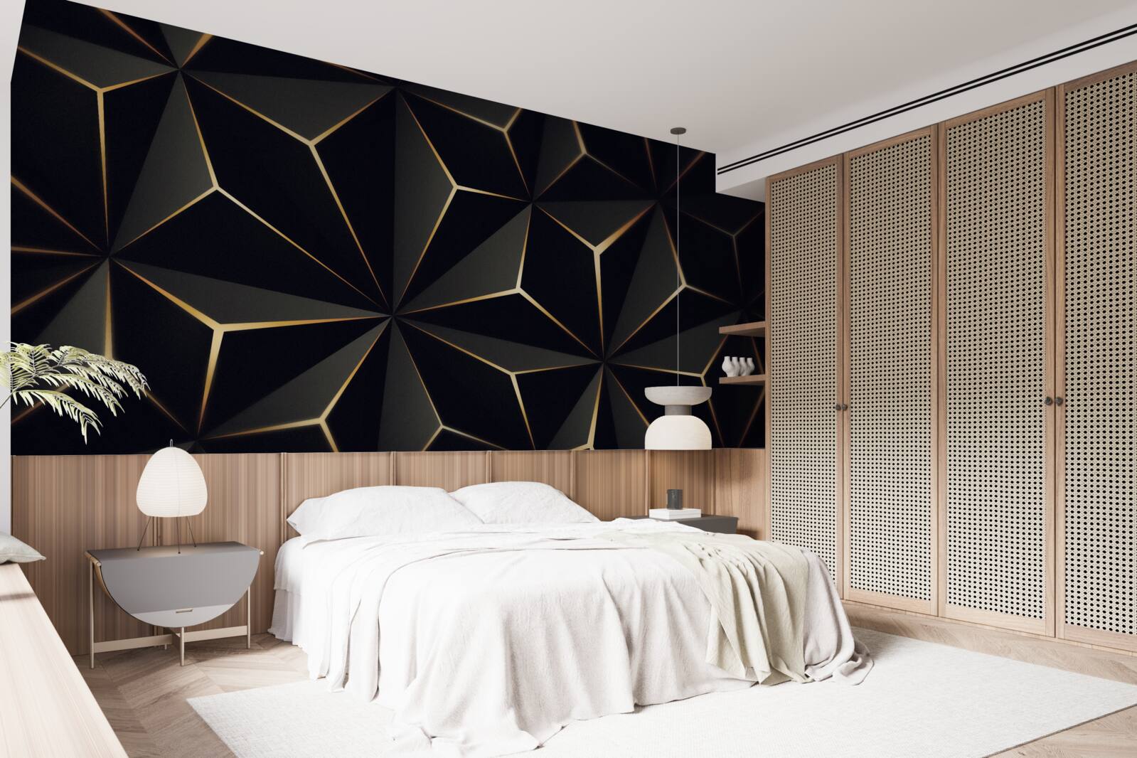 Fotobehang 3d piramides in zwart met gouden elementen