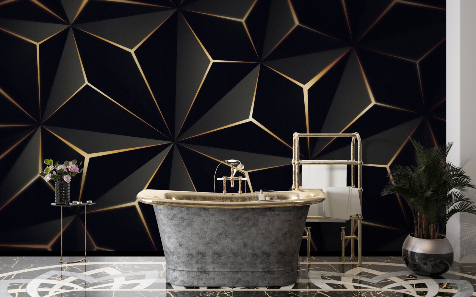 Fotobehang 3d piramides in zwart met gouden elementen