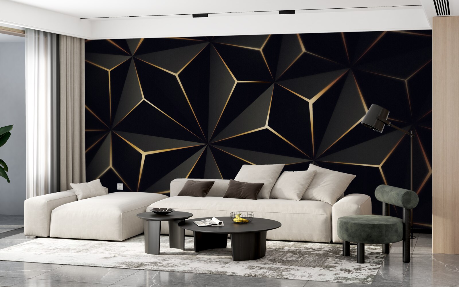 Fotobehang 3d piramides in zwart met gouden elementen