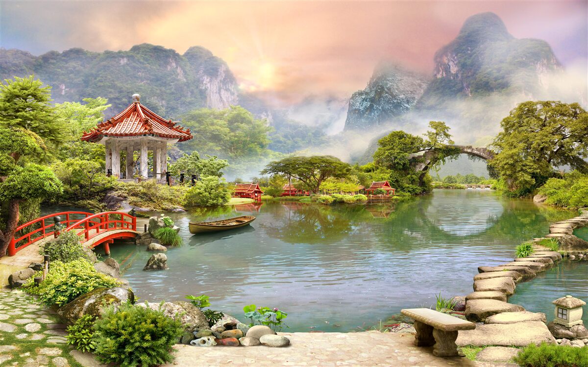 Fotobehang mistig landschap van een Japanse tuin