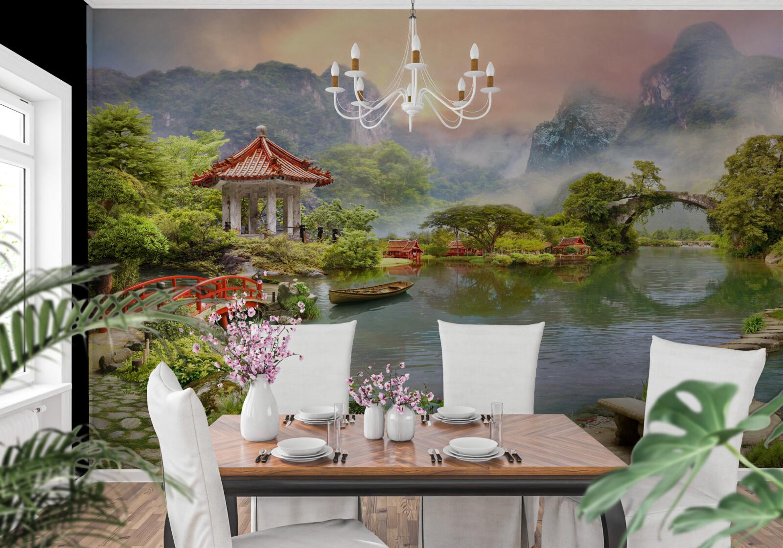 Fotobehang mistig landschap van een Japanse tuin