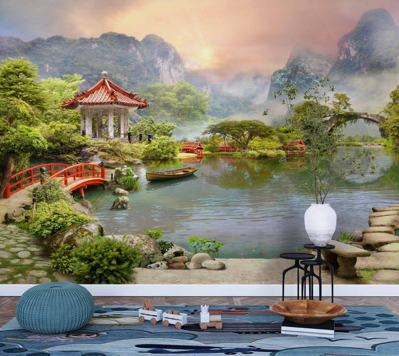 Fotobehang mistig landschap van een Japanse tuin