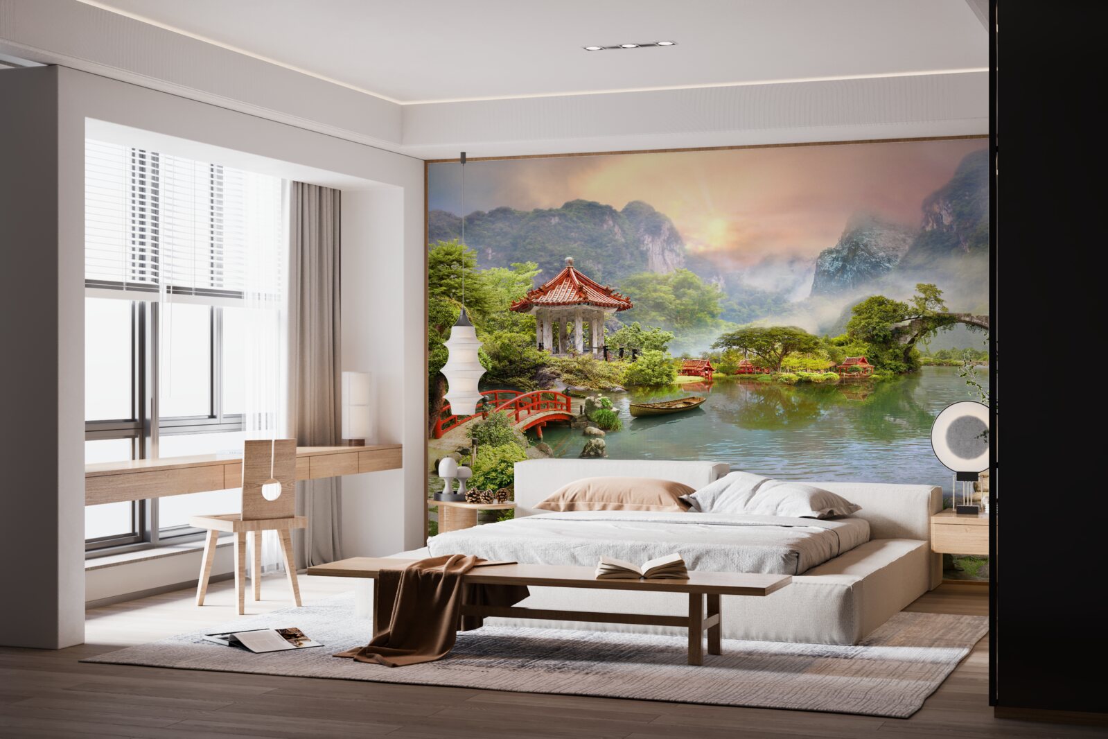 Fotobehang mistig landschap van een Japanse tuin