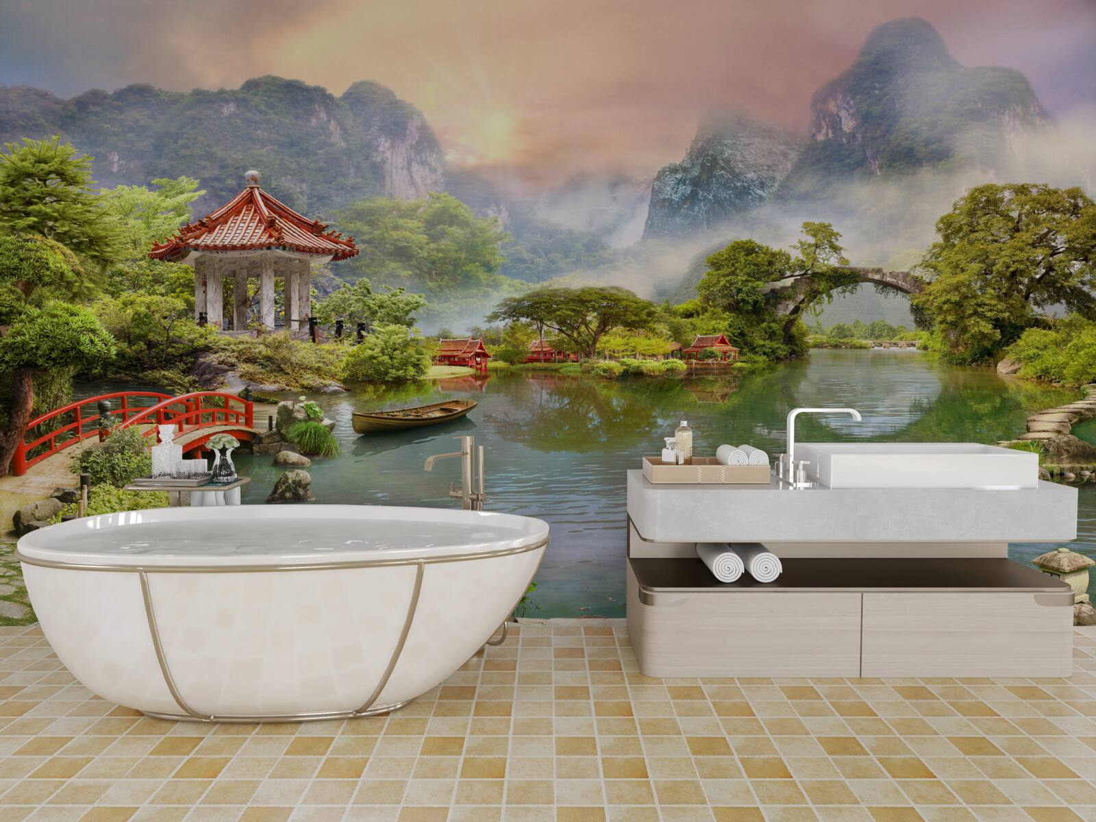 Fotobehang mistig landschap van een Japanse tuin