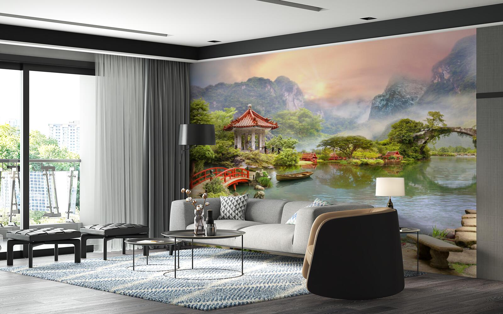 Fotobehang mistig landschap van een Japanse tuin