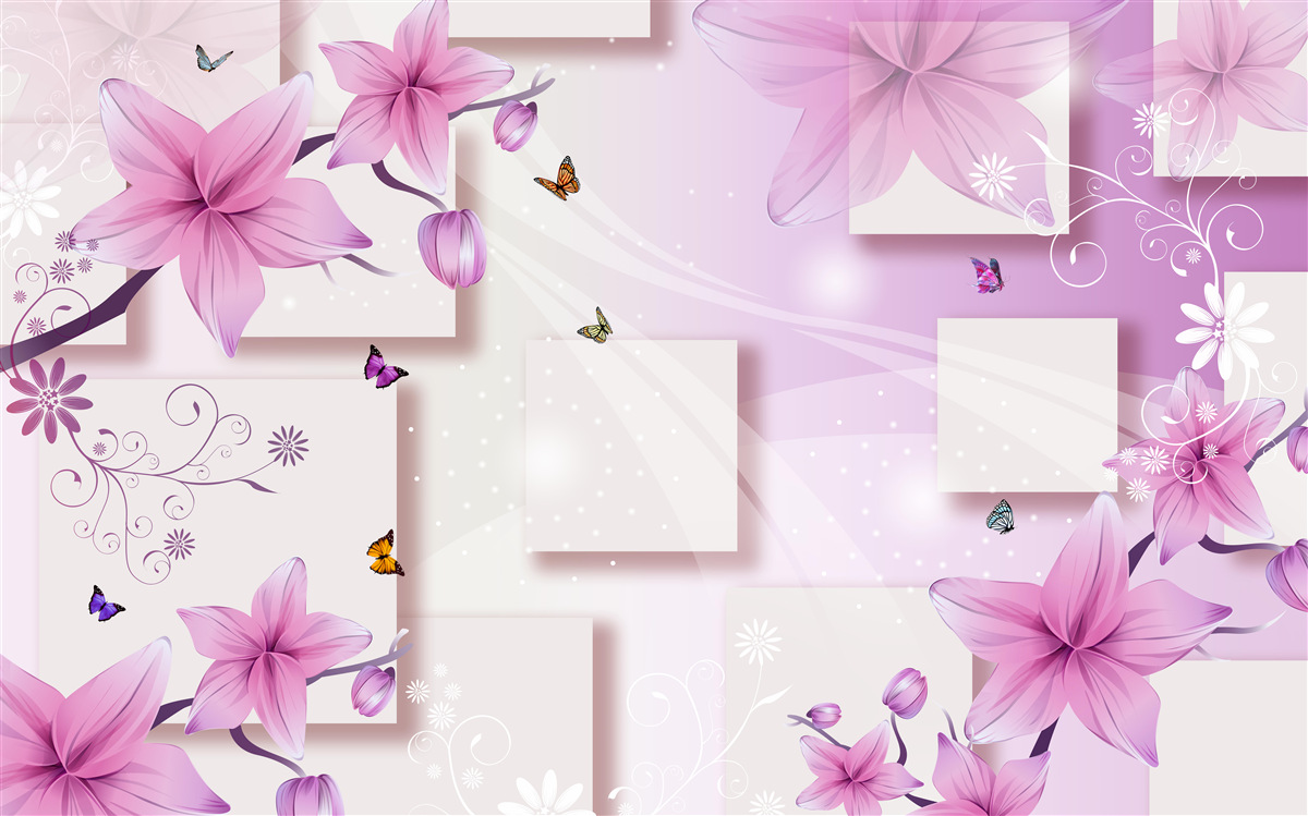 Fotobehang geometrische vormen versierd met donkerpaarse bloemen