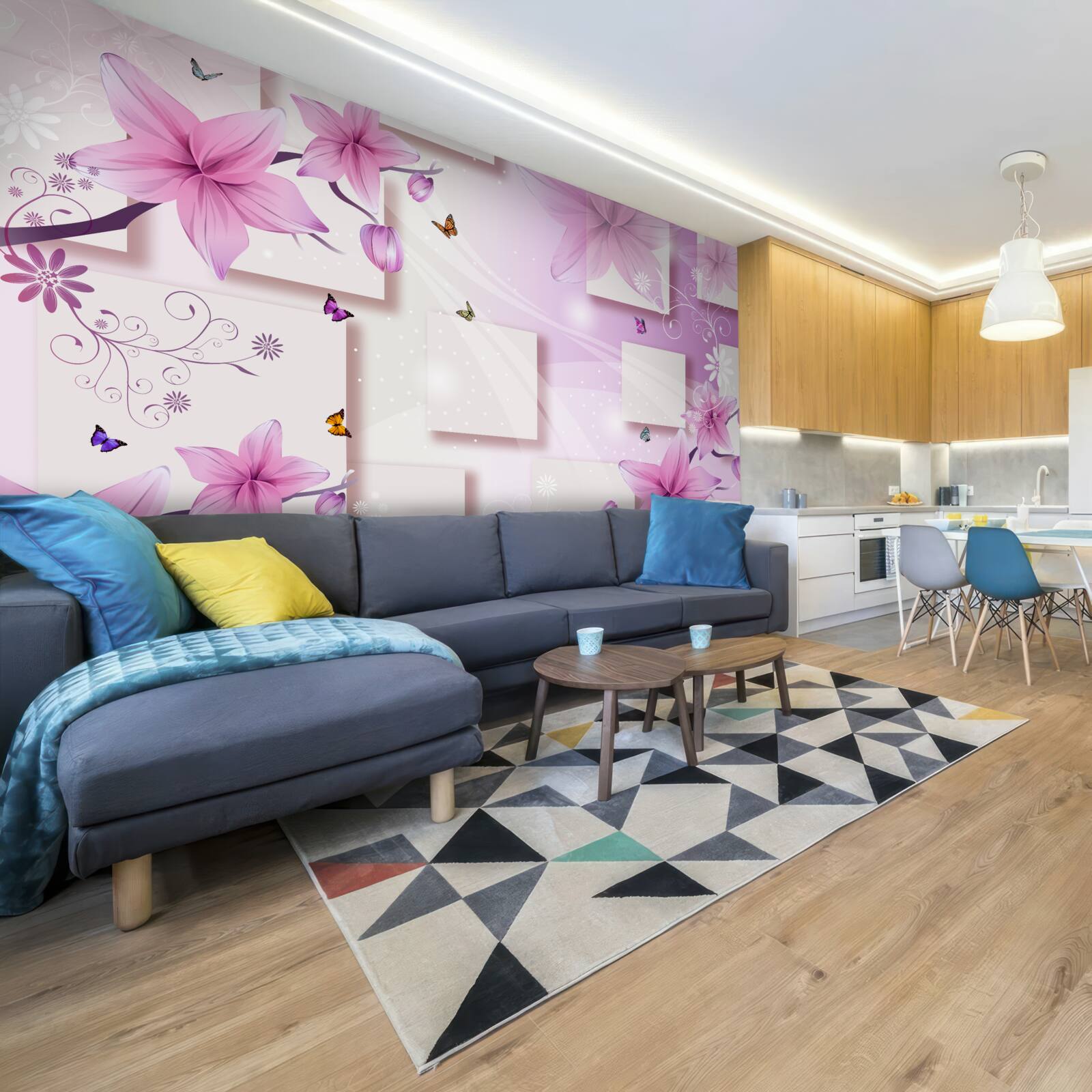 Fotobehang geometrische vormen versierd met donkerpaarse bloemen