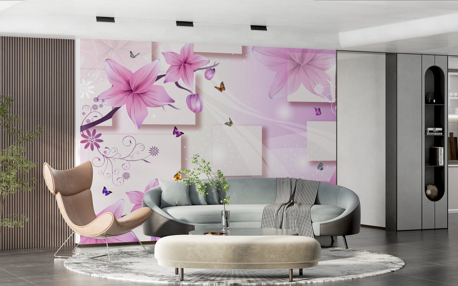 Fotobehang geometrische vormen versierd met donkerpaarse bloemen