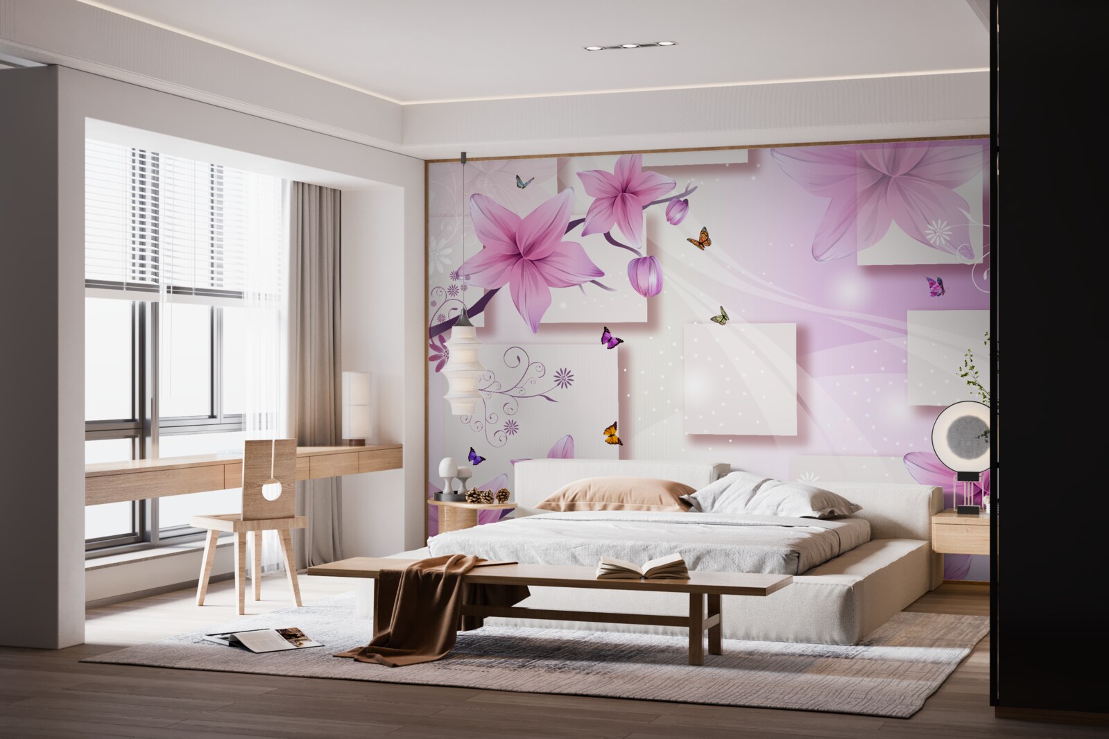 Fotobehang geometrische vormen versierd met donkerpaarse bloemen