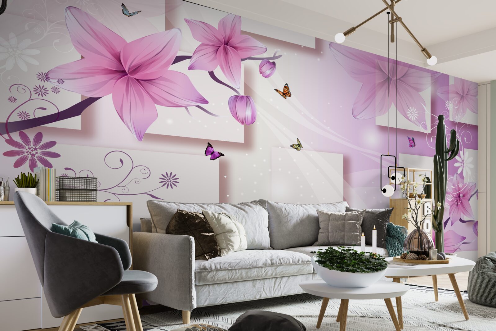 Fotobehang geometrische vormen versierd met donkerpaarse bloemen