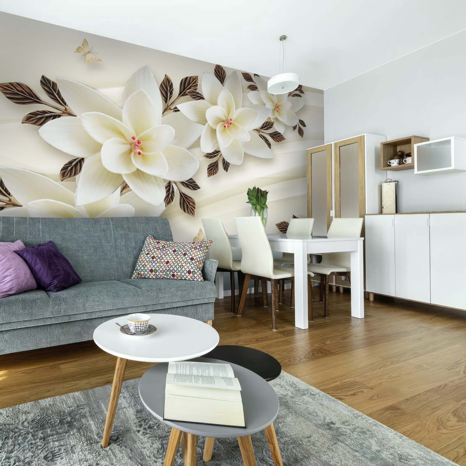 Fotobehang de stof is versierd met witte lotusbloemen