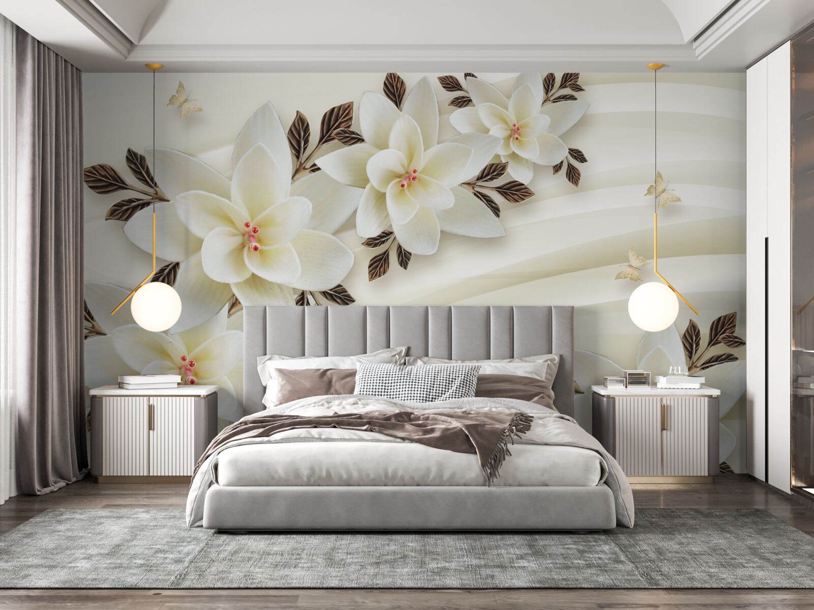 Fotobehang de stof is versierd met witte lotusbloemen