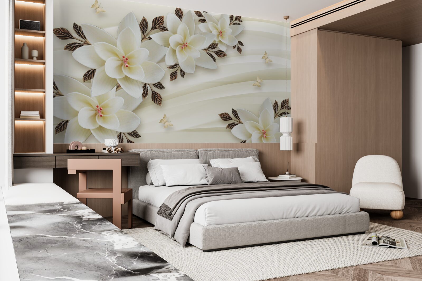 Fotobehang de stof is versierd met witte lotusbloemen