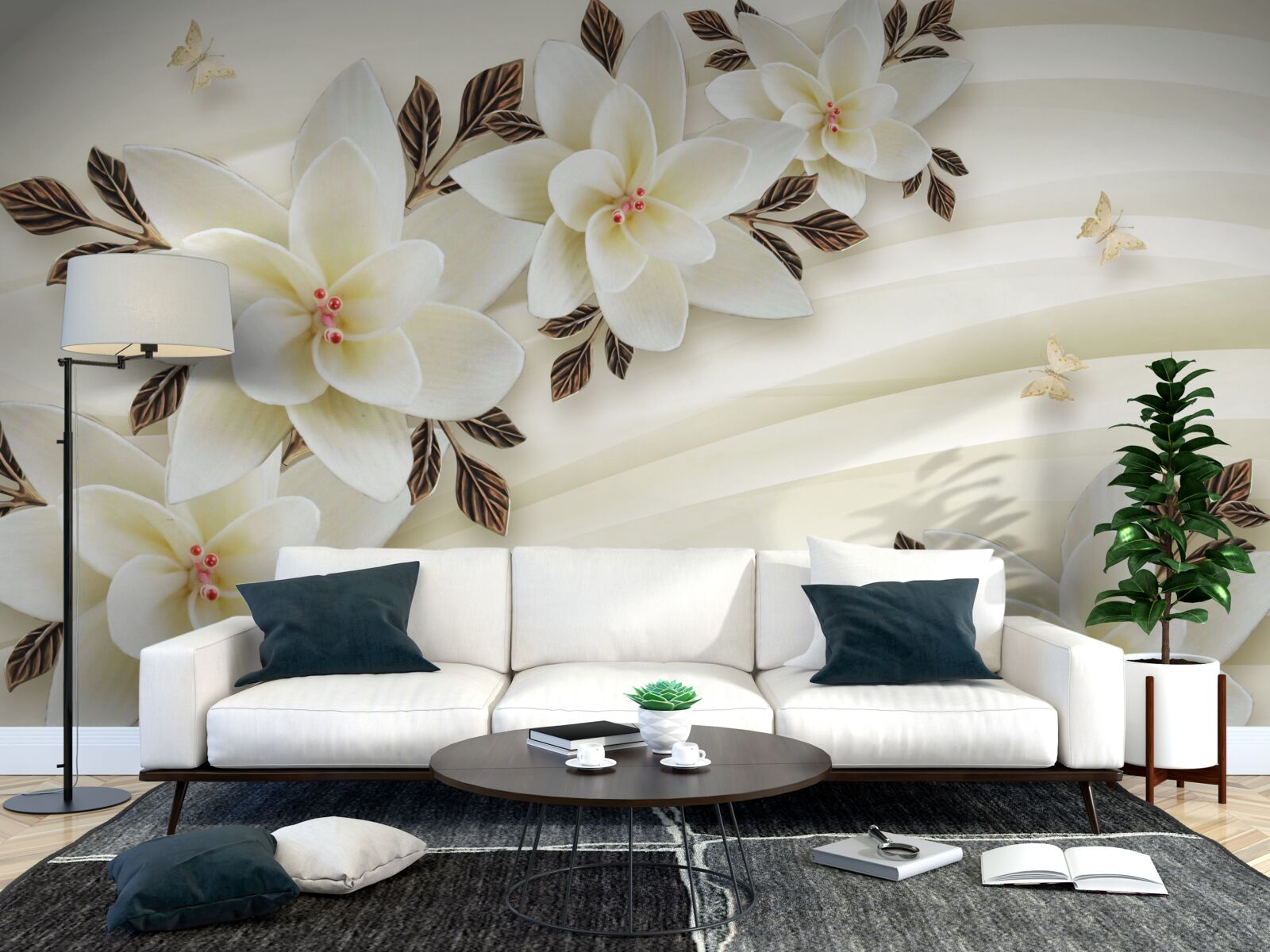 Fotobehang de stof is versierd met witte lotusbloemen