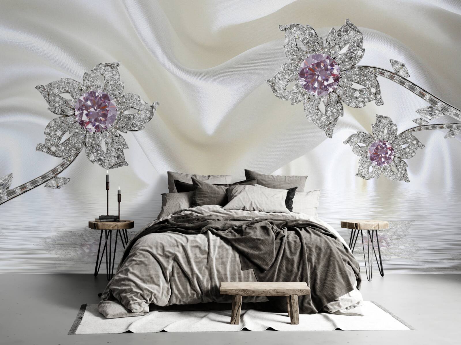 Fotobehang zilveren sieraden in de vorm van bloemen