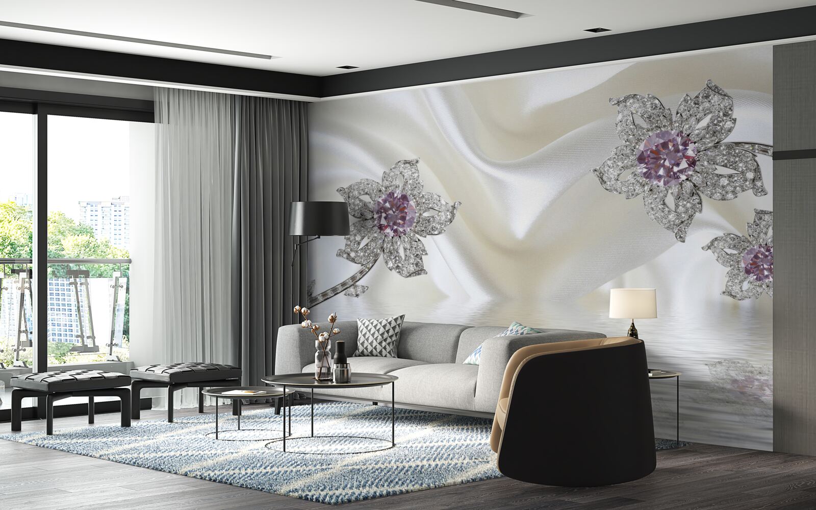 Fotobehang zilveren sieraden in de vorm van bloemen