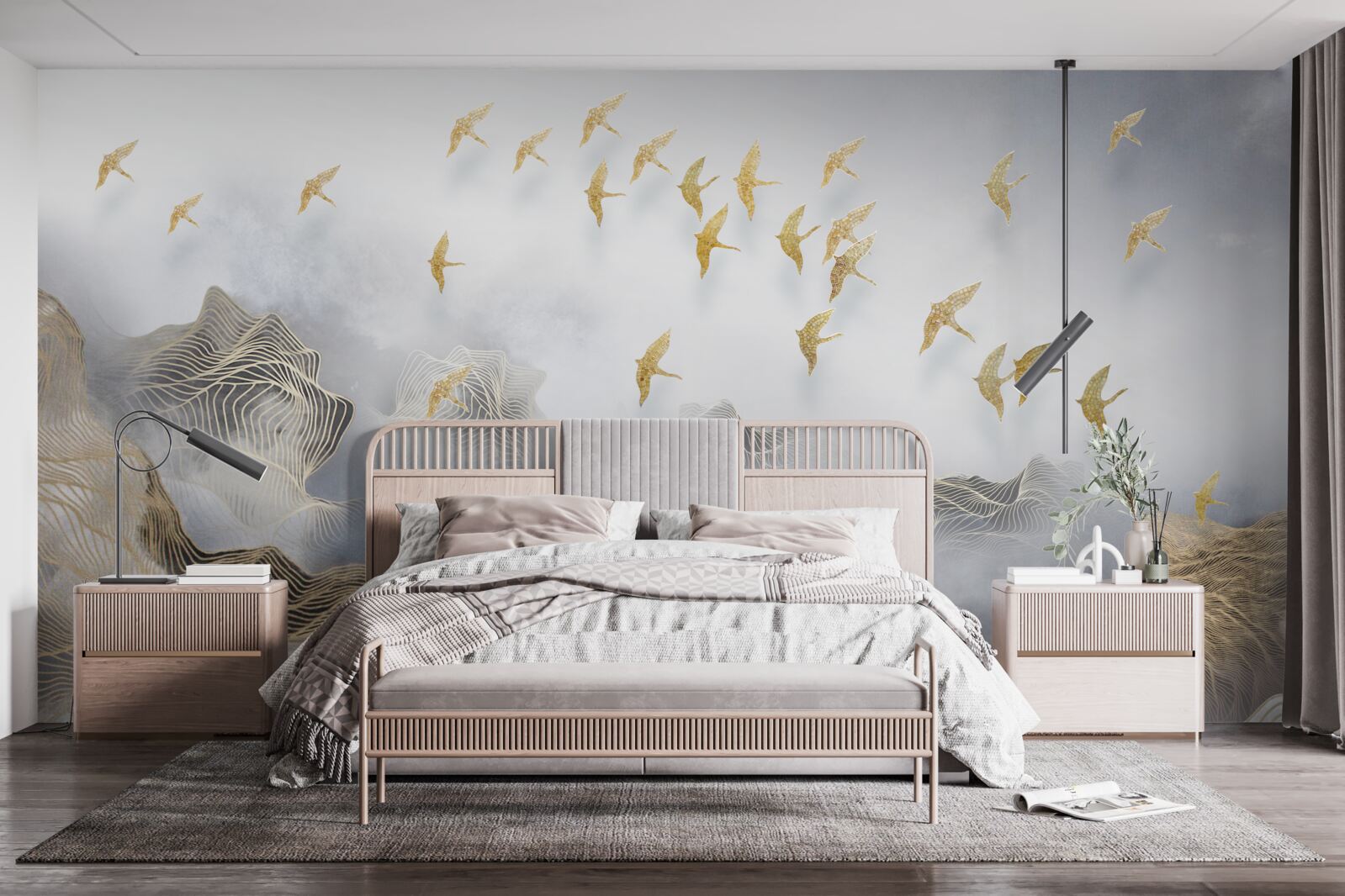 Fotobehang bergen en vogels in de mist van abstractie