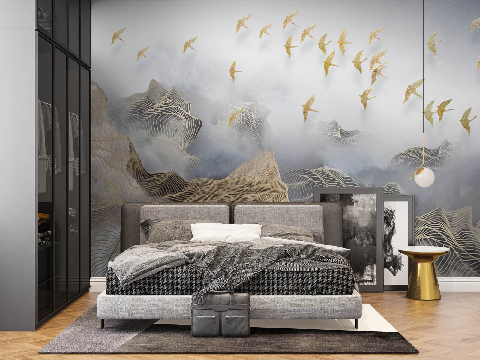 Fotobehang bergen en vogels in de mist van abstractie