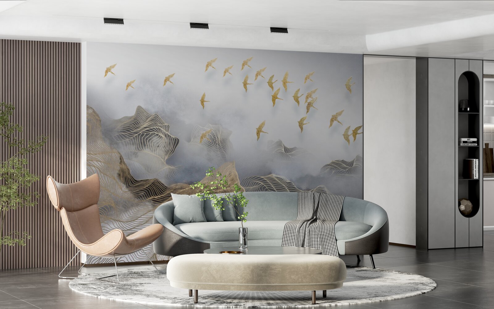 Fotobehang bergen en vogels in de mist van abstractie