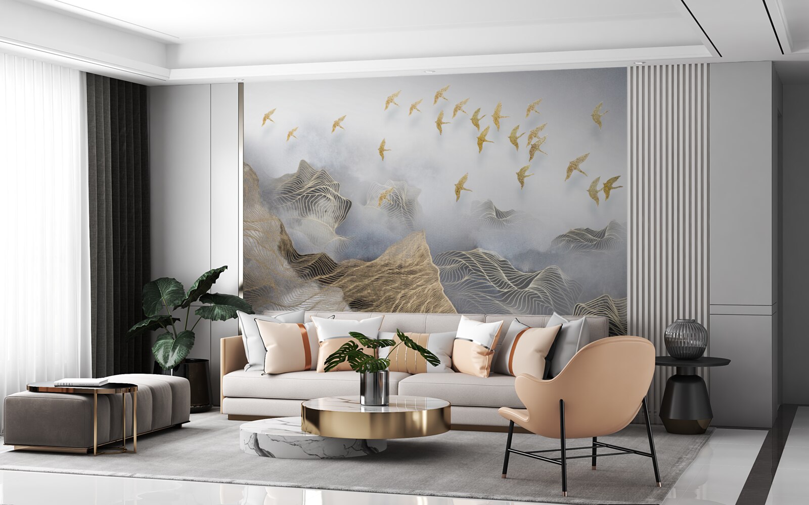 Fotobehang bergen en vogels in de mist van abstractie