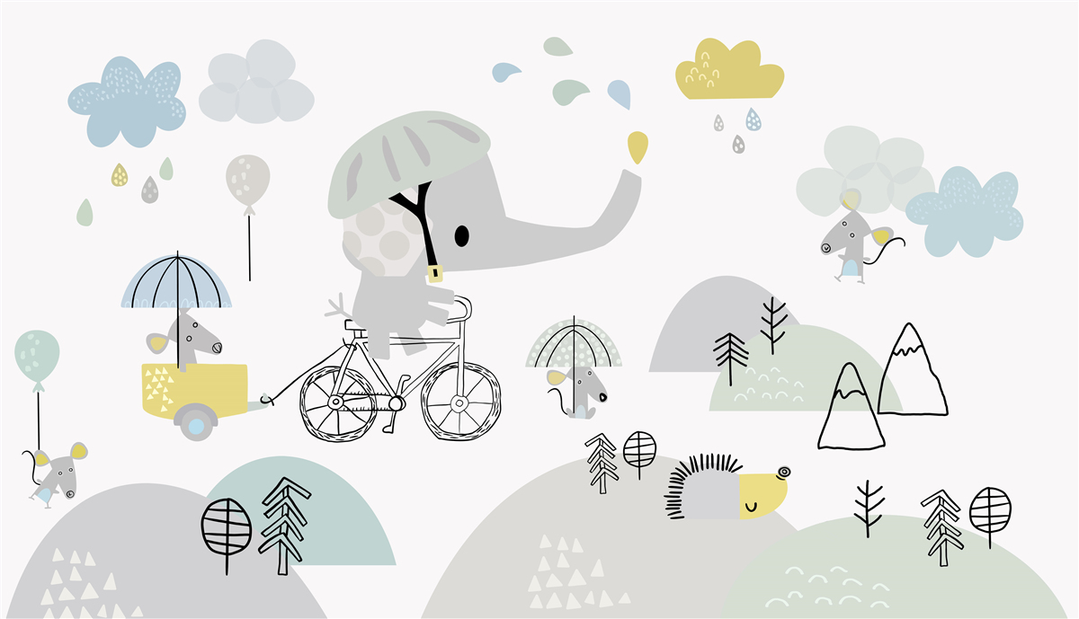 Fotobehang een babyolifant reist langs de berghelling naar beneden